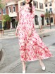 Pink Flowers Applique Peplum Print Dress