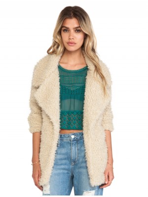 Apricot Long Sleeve Notch Lapel Faux Fur Coat