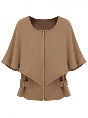 Camel Half Sleeve Zipper Crop Cape Coat